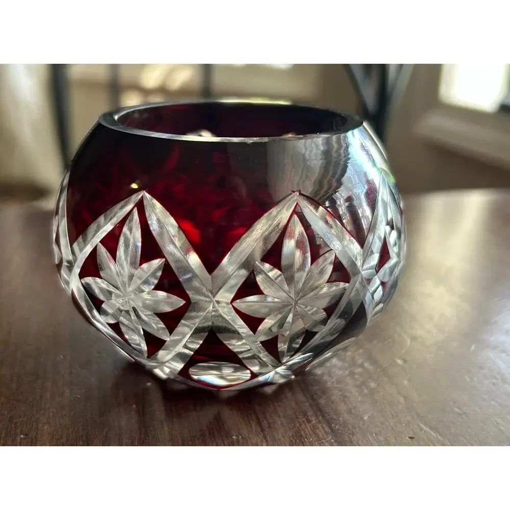 Vintage Crystal Ruby Red Cut To Clear Vase Bowl candle holder